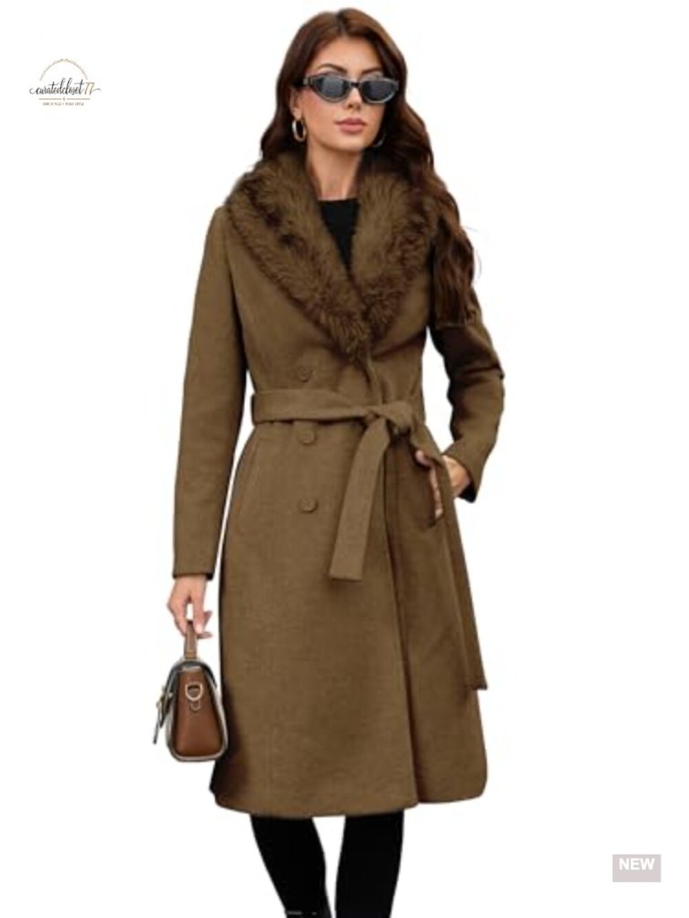 Wool Blend Trench Coat Double-Breasted Belted Knee-Length Faux Fur Collar